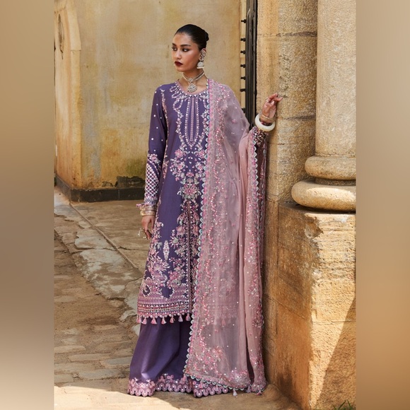 Elegant Purple Embroidered Dress with Pink Accents Brand Hussain Rehar - Picture 4 of 15